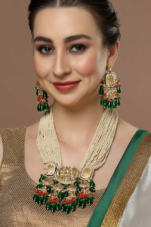 Green And White Kundan And Pearls Necklace And Earring Set (DGNHE23010)