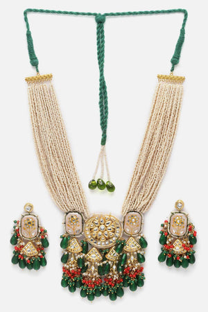 Green And White Kundan And Pearls Necklace And Earring Set (DGNHE23010)