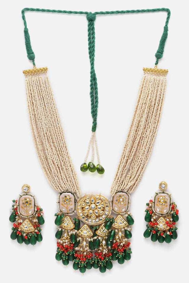Green And White Kundan And Pearls Necklace And Earring Set (DGNHE23010)