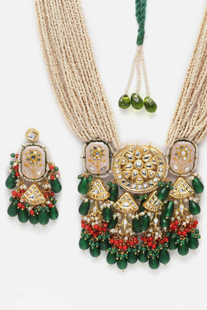 Green And White Kundan And Pearls Necklace And Earring Set (DGNHE23010)
