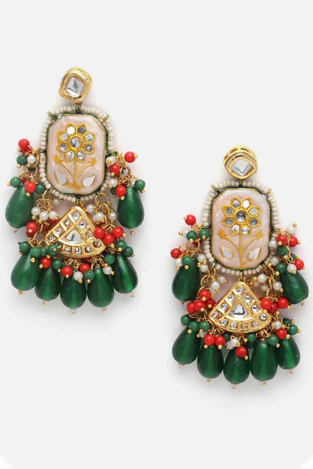 Green And White Kundan And Pearls Necklace And Earring Set (DGNHE23010)