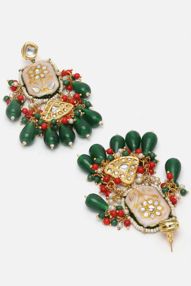 Green And White Kundan And Pearls Necklace And Earring Set (DGNHE23010)