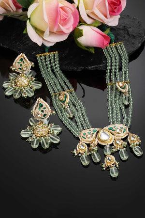Green And White Kundan And Pearls Necklace And Earring Set (DGNHE23011)