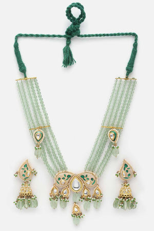 Green And White Kundan And Pearls Necklace And Earring Set (DGNHE23011)