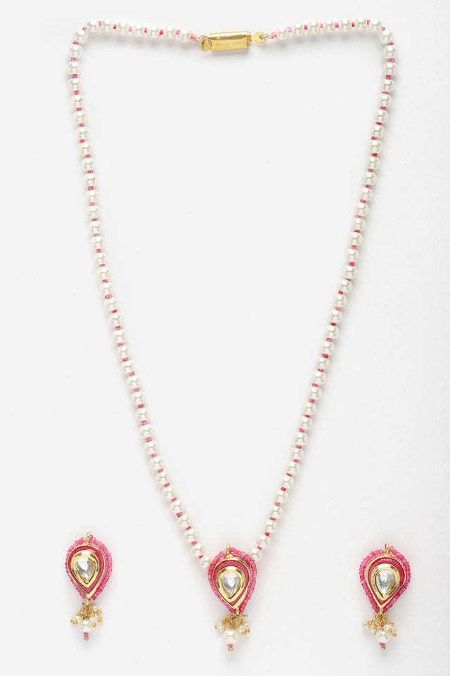 Pink And Gold Necklace With Earring Jewelry Set With Kundan And Pearls