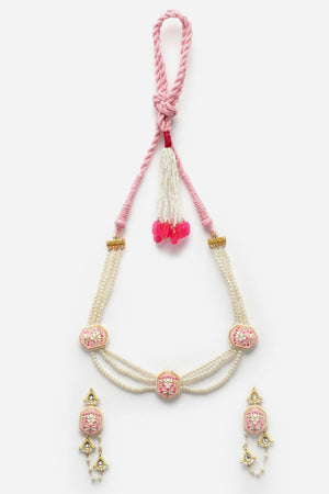 Pink And Gold Necklace With Earring Jewelry Set With Kundan And Pearls