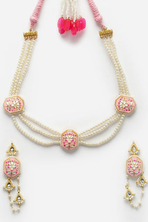 Pink And Gold Necklace With Earring Jewelry Set With Kundan And Pearls