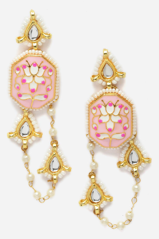 Pink And Gold Necklace With Earring Jewelry Set With Kundan And Pearls