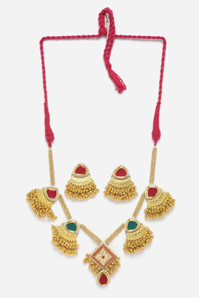 Red And Green Necklace With Earring Jewelry Set Kundan And Pearls