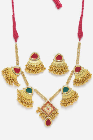 Red And Green Necklace With Earring Jewelry Set Kundan And Pearls