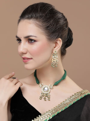 Green And Gold Necklace With Earring Jeweler Set With Kundan And American Diamonds