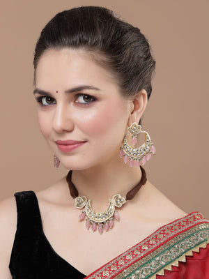 Pink And Gold Necklace With Earring Jeweler Set With Kundan And Pearls
