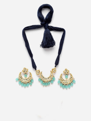 Blue And Gold Necklace With Earring Jeweler Set With Kundan And Pearls