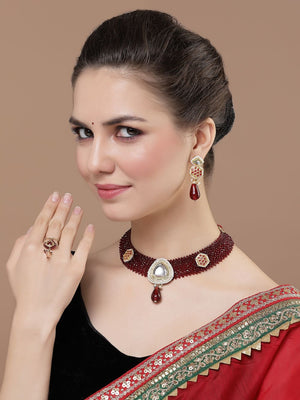 Maroon And Red Necklace With Earring Jeweler Set With Kundan And American Diamonds