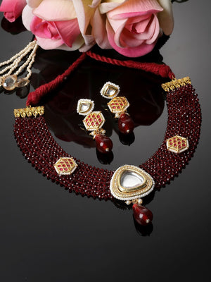 Maroon And Red Necklace With Earring Jeweler Set With Kundan And American Diamonds