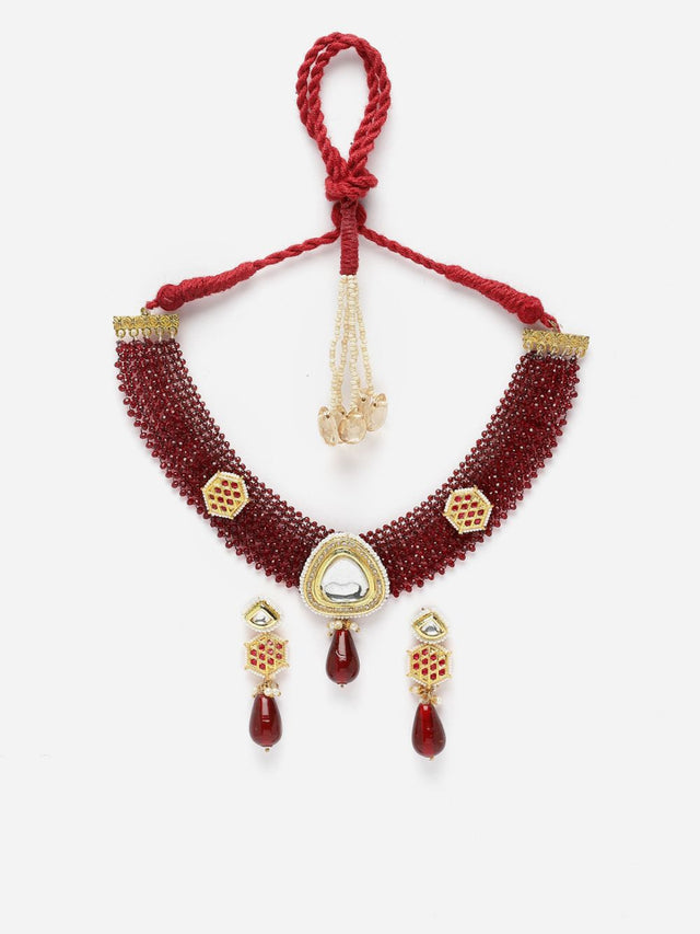 Maroon And Red Necklace With Earring Jeweler Set With Kundan And American Diamonds