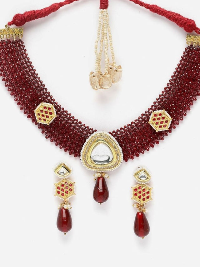 Maroon And Red Necklace With Earring Jeweler Set With Kundan And American Diamonds