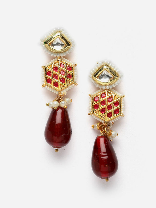 Maroon And Red Necklace With Earring Jeweler Set With Kundan And American Diamonds