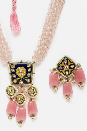 Pink And Blue Necklace With Earring Jeweler Set Kundan And Pearls