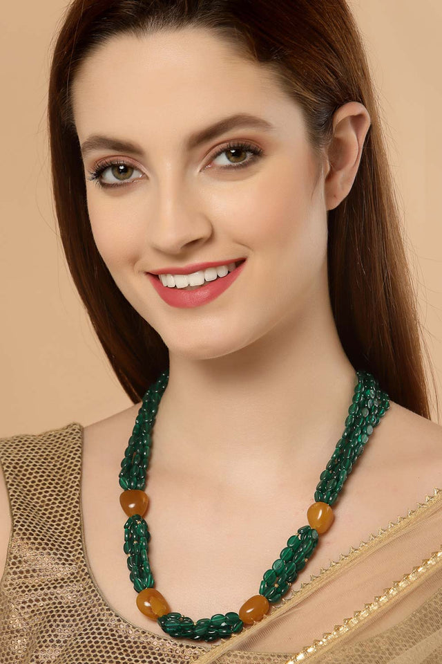 Green And Yellow Gold-Plated Natural Stones And Emerald Necklace