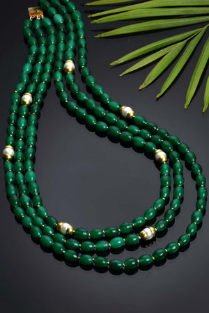 Green And White Gold-Plated Pearls And Natural Stones Necklace
