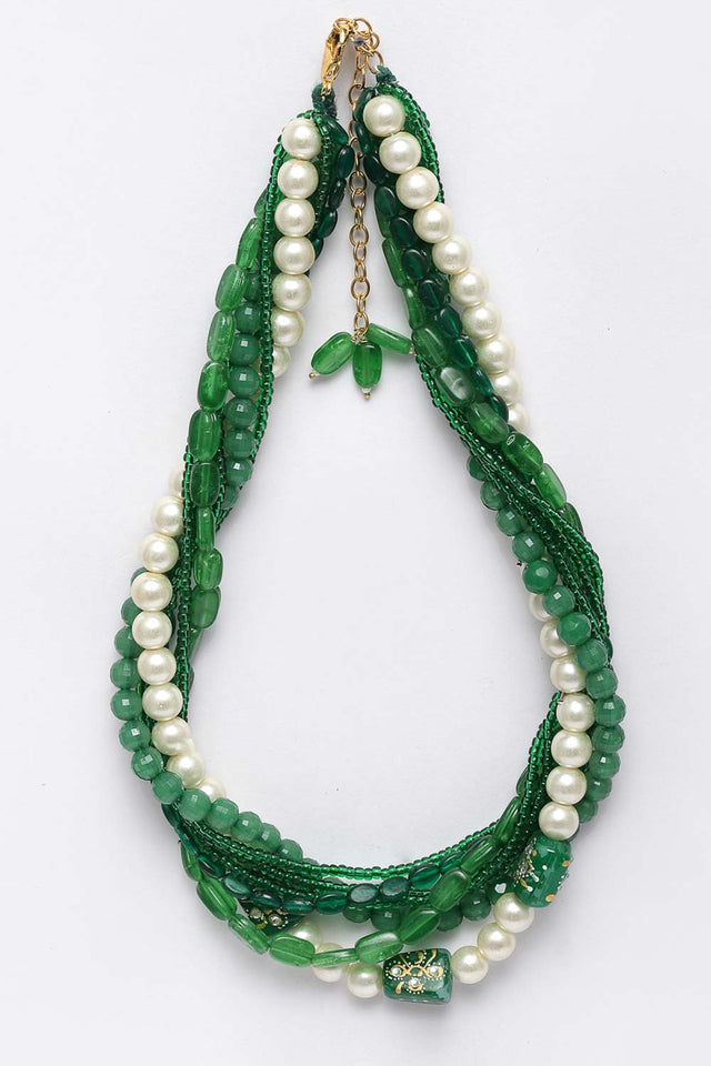Green And White Gold-Plated Kundan And Pearls Necklace