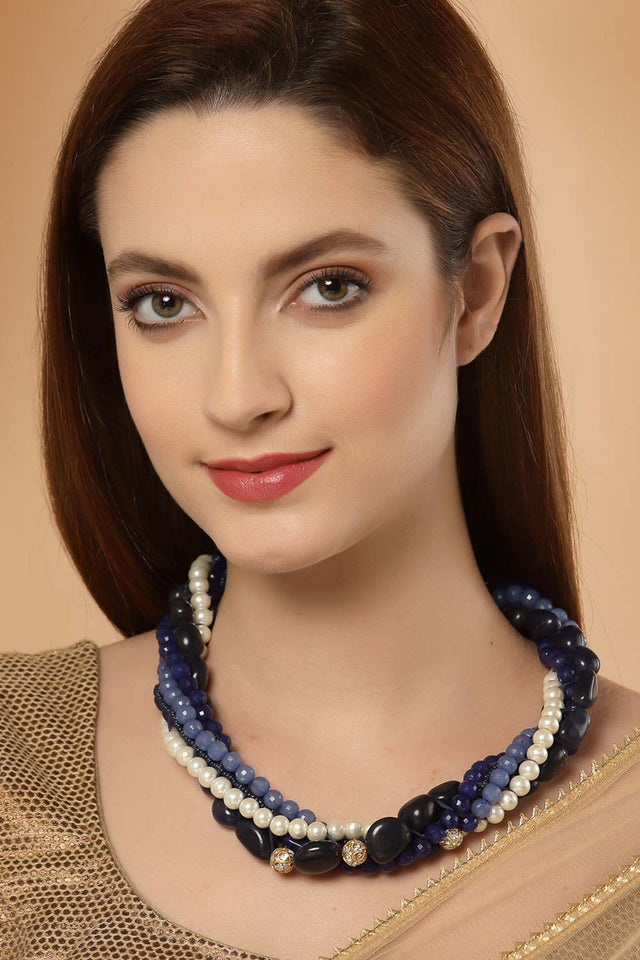Blue And White Gold-Plated Kundan And Pearls Necklace