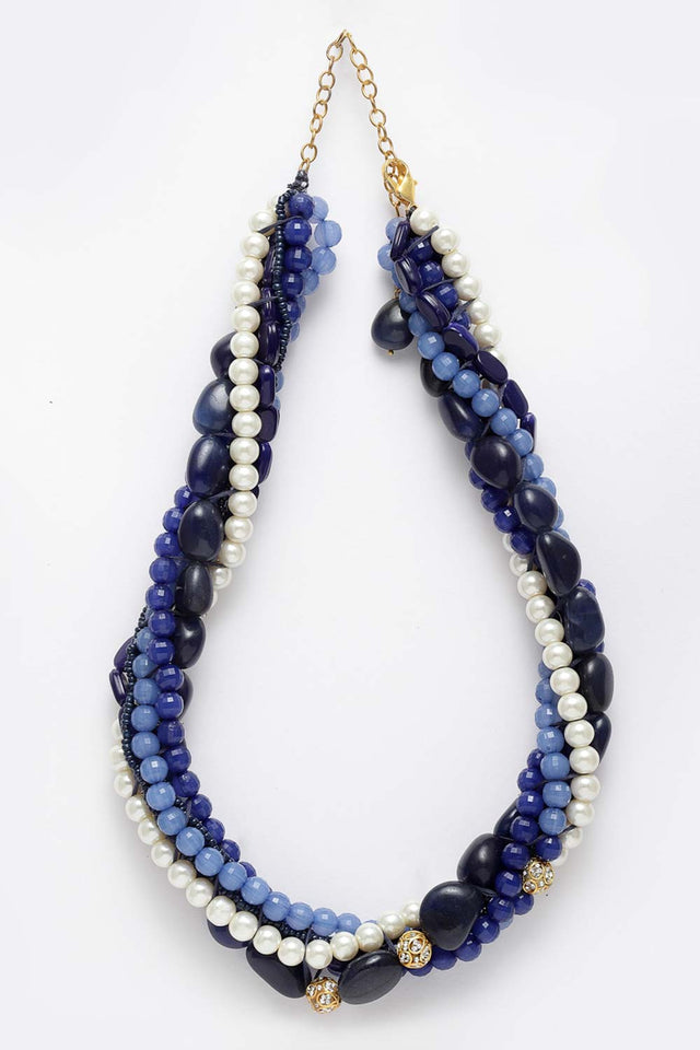 Blue And White Gold-Plated Kundan And Pearls Necklace