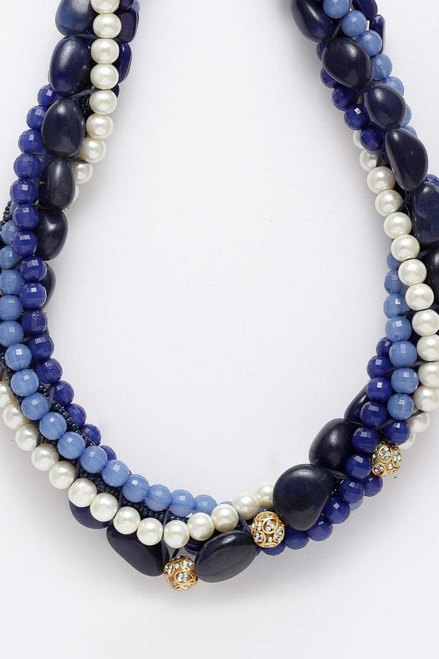 Blue And White Gold-Plated Kundan And Pearls Necklace