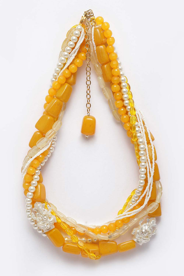 Yellow And White Gold-Plated Kundan And Pearls Necklace