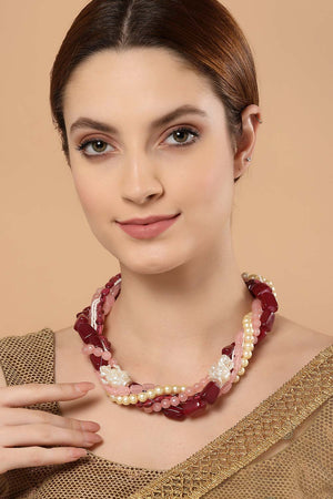 Pink And White Gold-Plated Kundan And Pearls Necklace