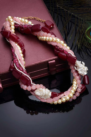 Pink And White Gold-Plated Kundan And Pearls Necklace