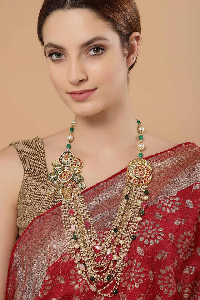 Multicolor And White Gold-Plated Kundan And Pearls Necklace