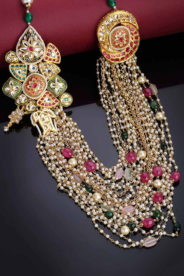 Multicolor And White Gold-Plated Kundan And Pearls Necklace