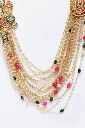 Multicolor And White Gold-Plated Kundan And Pearls Necklace
