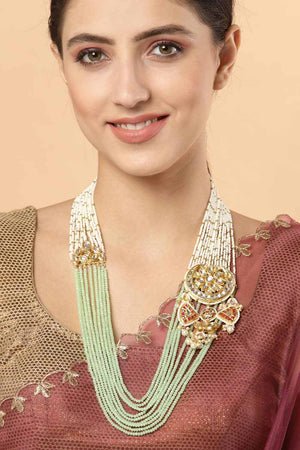 Green And Red Gold-Plated Kundan And Pearls Necklace
