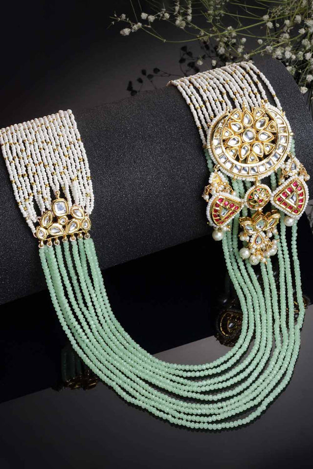 Green And Red Gold-Plated Kundan And Pearls Necklace