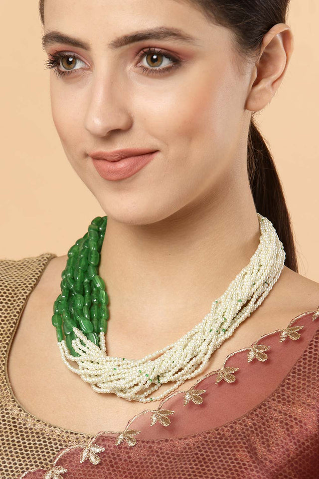 Green And White Gold-Plated Pearls And Natural Stones Necklace