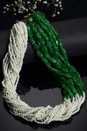 Green And White Gold-Plated Pearls And Natural Stones Necklace