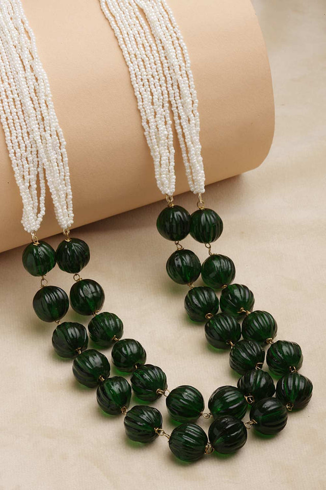 Green And Gold Gold-Plated Pearls And Natural Stones Bead Necklaces