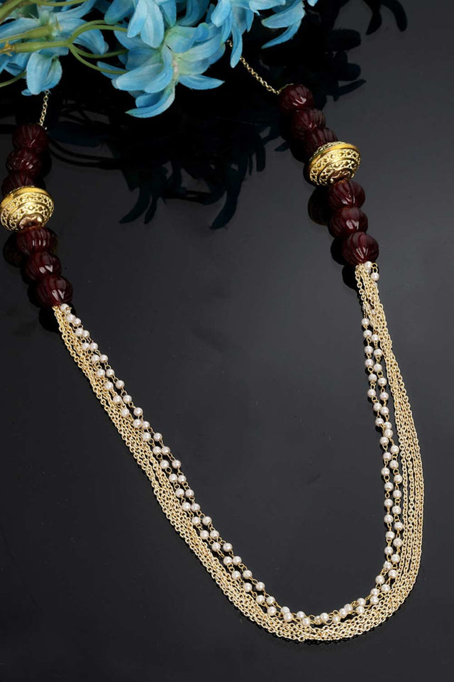 Red And Gold Gold-Plated Pearls And Natural Stones Necklace Chains (DGNL22065)