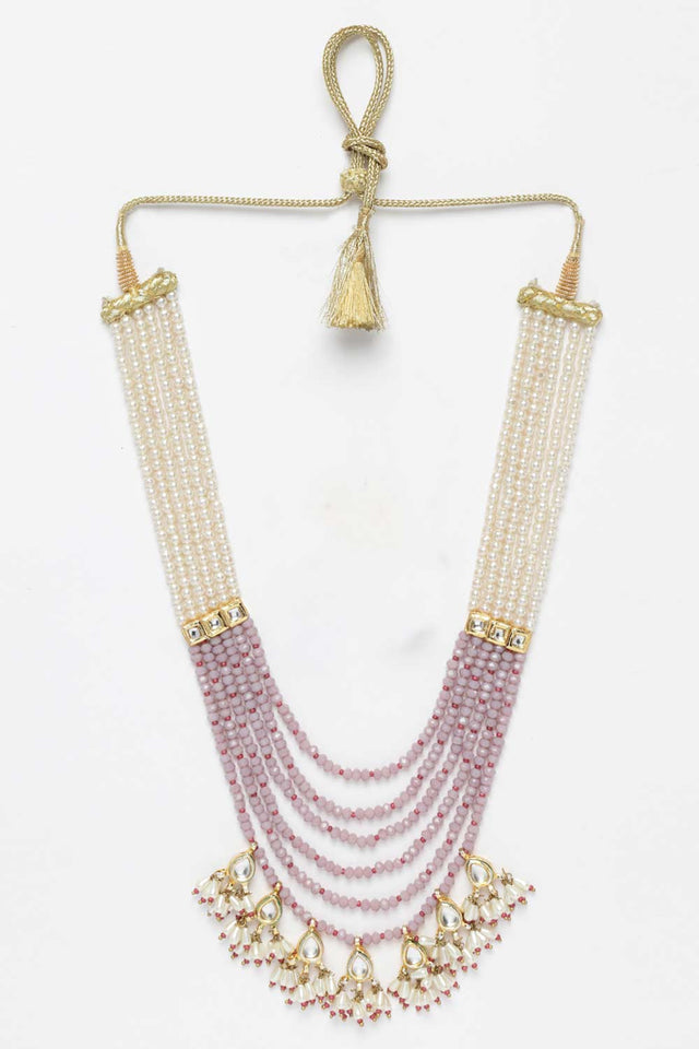 Purple And Red Gold-Plated Kundan And Pearls Bead Necklaces