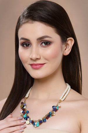 Blue And Maroon Gold-Plated Pearls And Natural Stones Bead Necklaces