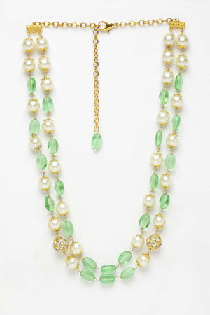 Green And Gold Gold-Plated American Diamonds And Pearls Bead Necklaces