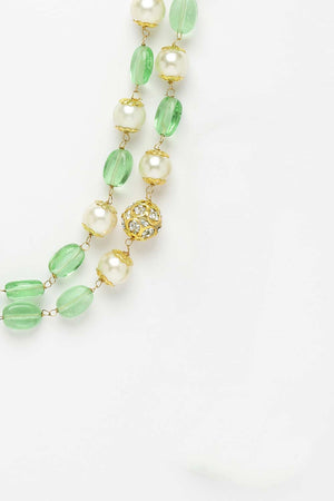Green And Gold Gold-Plated American Diamonds And Pearls Bead Necklaces