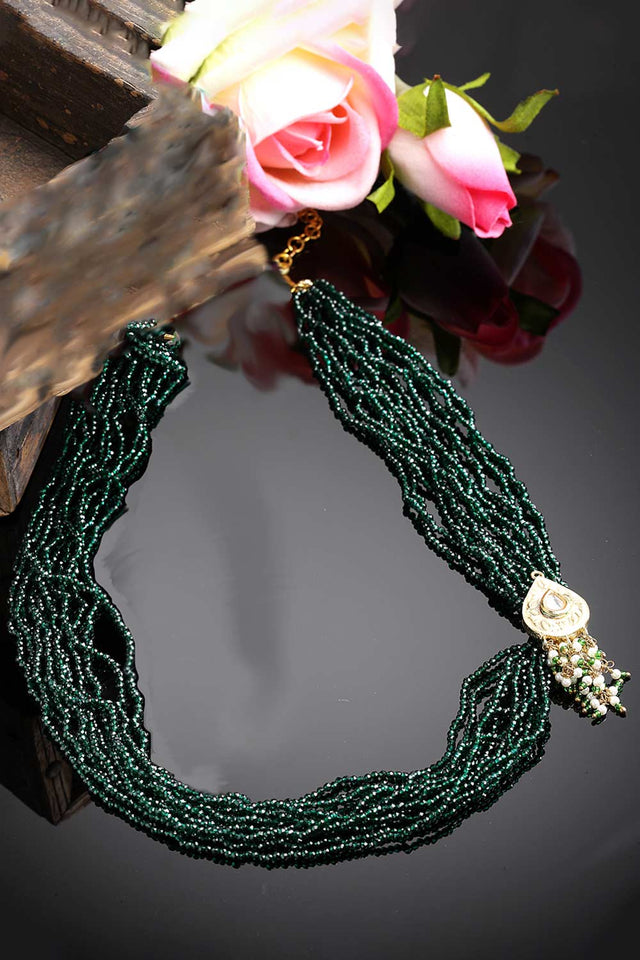 Green And Peach Gold-Plated Kundan And Pearls Bead Necklaces