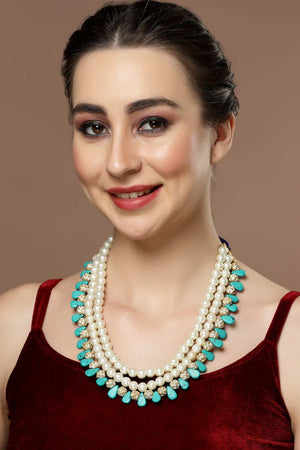 Blue And White American Diamonds And Pearls Layered Necklace