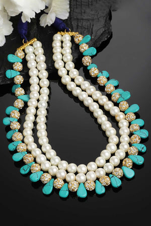 Blue And White American Diamonds And Pearls Layered Necklace
