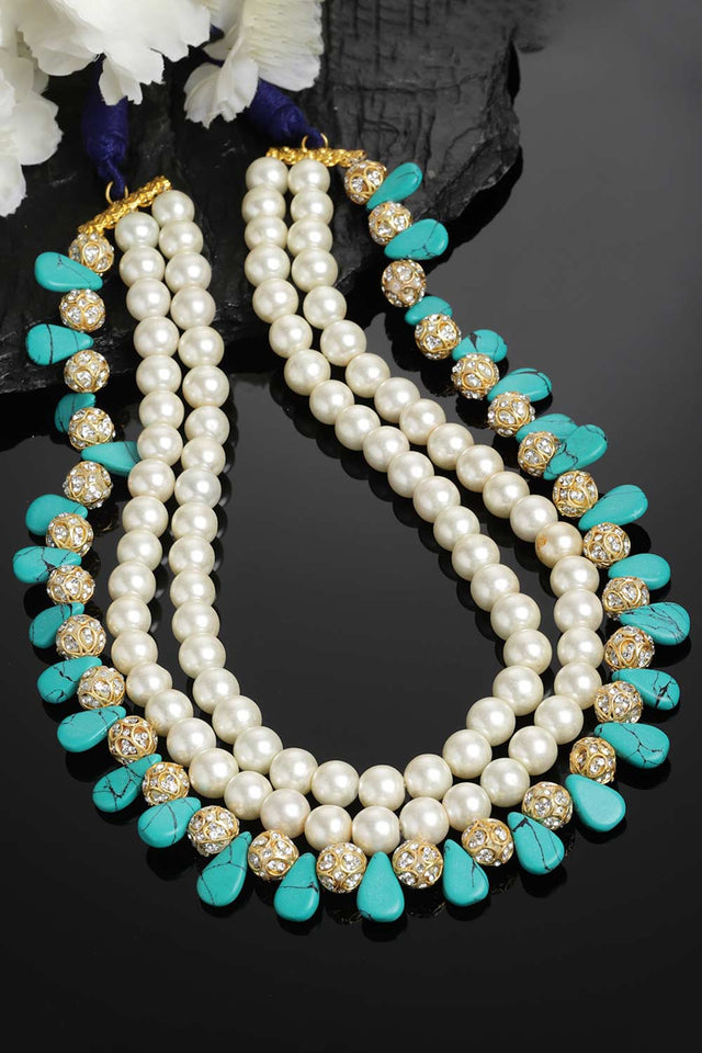 Blue And White American Diamonds And Pearls Layered Necklace