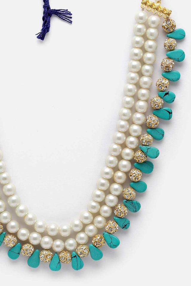 Blue And White American Diamonds And Pearls Layered Necklace